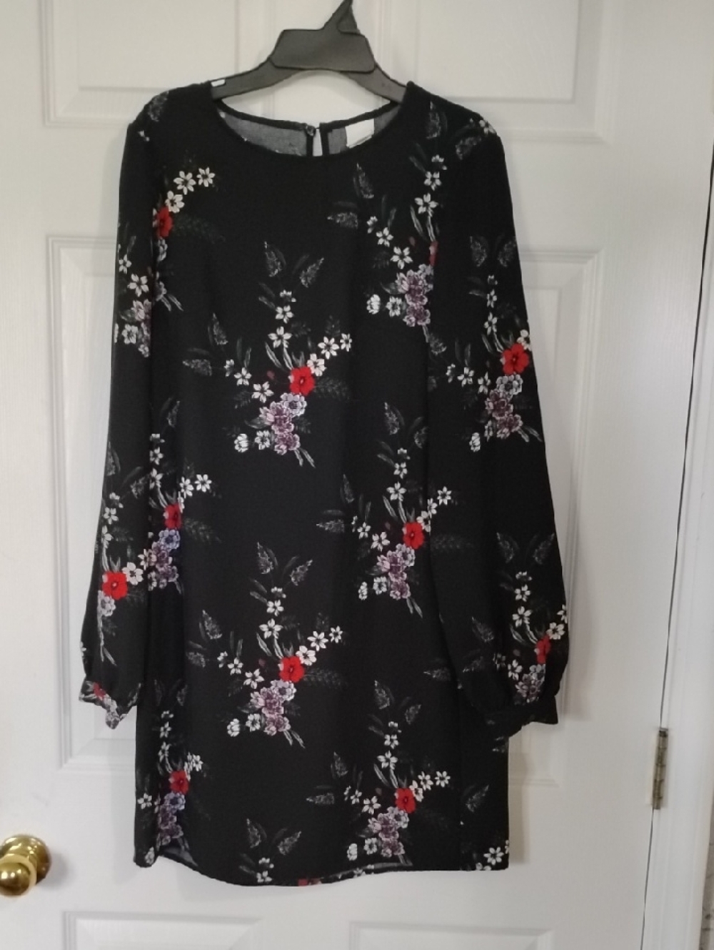 H&M Black Floral Long-Sleeve Shift Dress with Red Accents